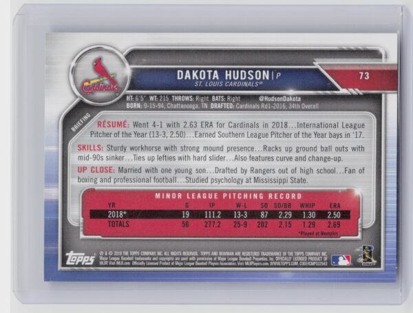 2019 Bowman Dakota Hudson Sky Blue SN499 #73 Cardinals - Image 3