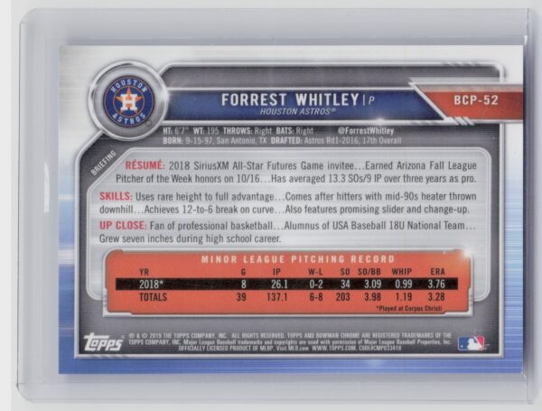 2019 Bowman Forrest Whitley SN250 #BCP-52 Astros Chrome Prospects Mojo Refractor - Image 3