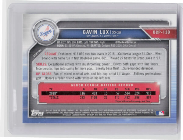 2019 Bowman Gavin Lux #BCP-130 Dodgers Chrome Prospects Mojo Refractors - Image 3