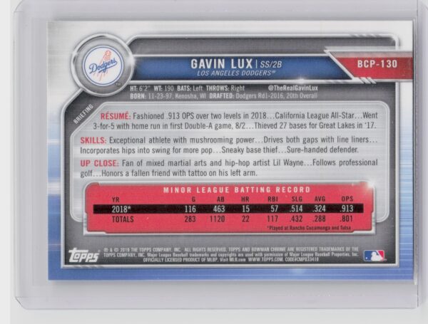 2019 Bowman Gavin Lux #BCP-130 Dodgers Chrome Prospects Mojo Refractors - Image 3