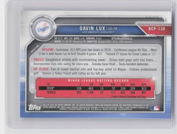 2019 Bowman Gavin Lux #BCP-130 Dodgers Chrome Prospects Mojo Refractors - Image 3