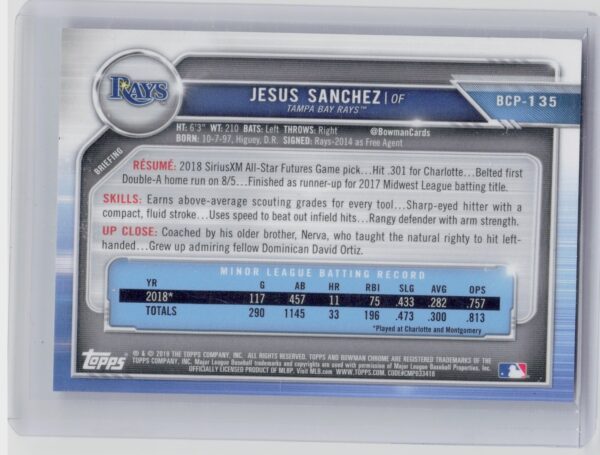 2019 Bowman Jesus Sanchez /250 #BCP-135 Rays Prospects Mojo Refractors Purple - Image 3