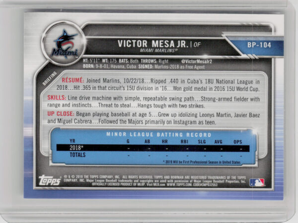 2019 Bowman Victor Mesa Jr. #BP-104 Marlins Prospects - Image 3