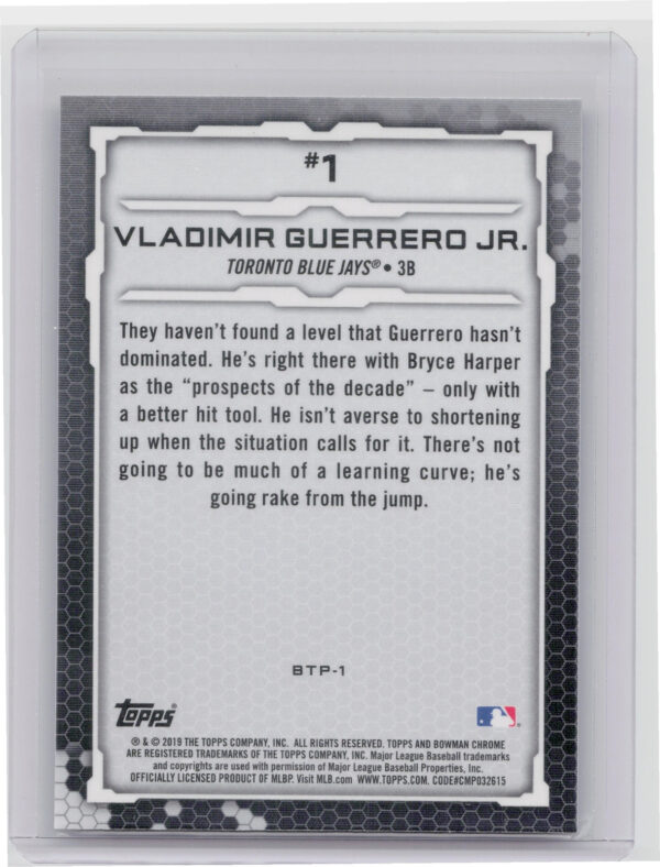 2019 Bowman Vladimir Guerrero Jr. #BTP-1 Jays Bowman Scouts' Top 100 - Image 3