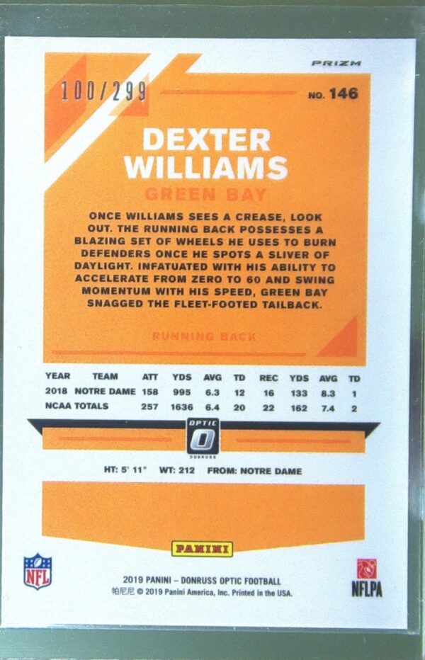 2019 Donruss Optic Dexter Williams Aqua /299 RC #146 Packers - Image 3