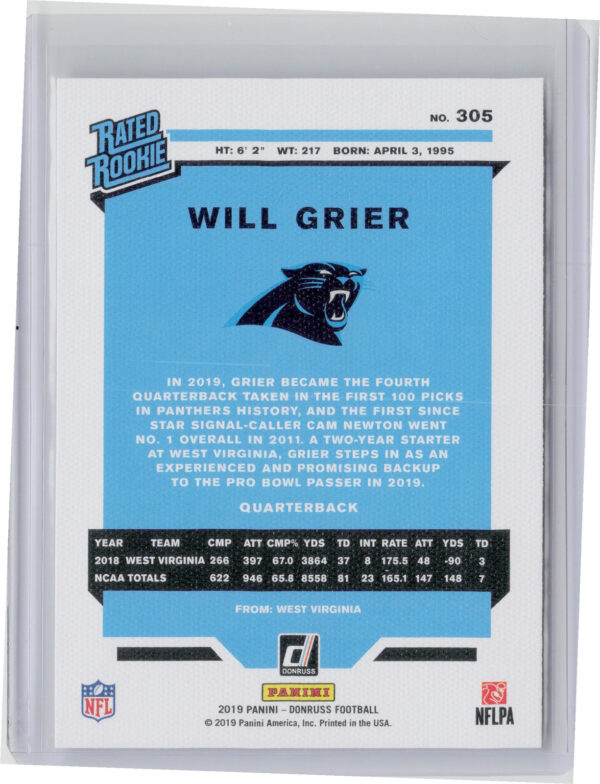 2019 Donruss Will Grier #305 Panthers Rated Rookies Canvas - Image 3