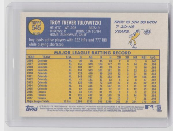 2019 Heritage Troy Tulowitzki SP VAR #545 Yankees - Image 3