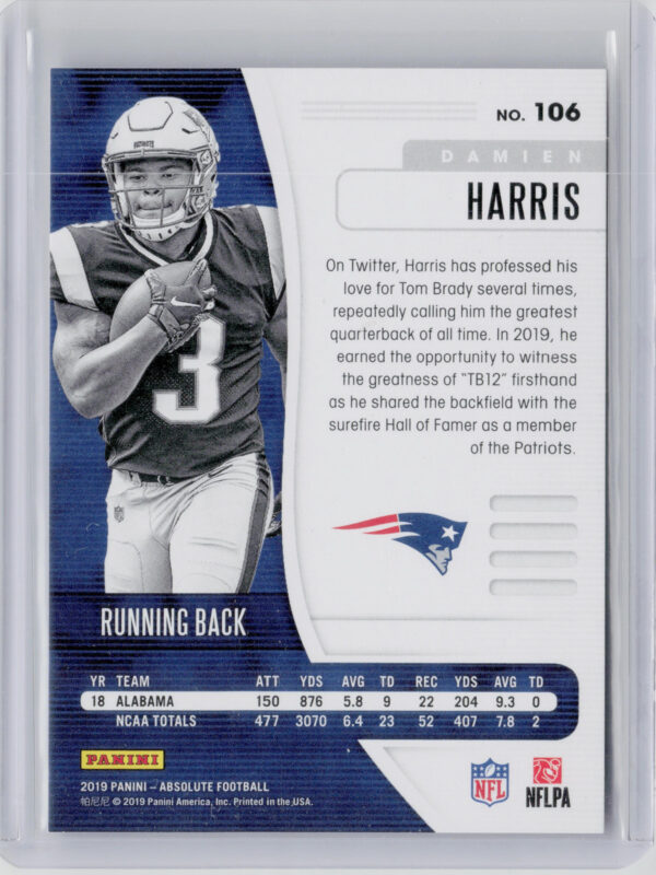 2019 Panini Absolute Damien Harris RC SN199 #106 Patriots - Image 3