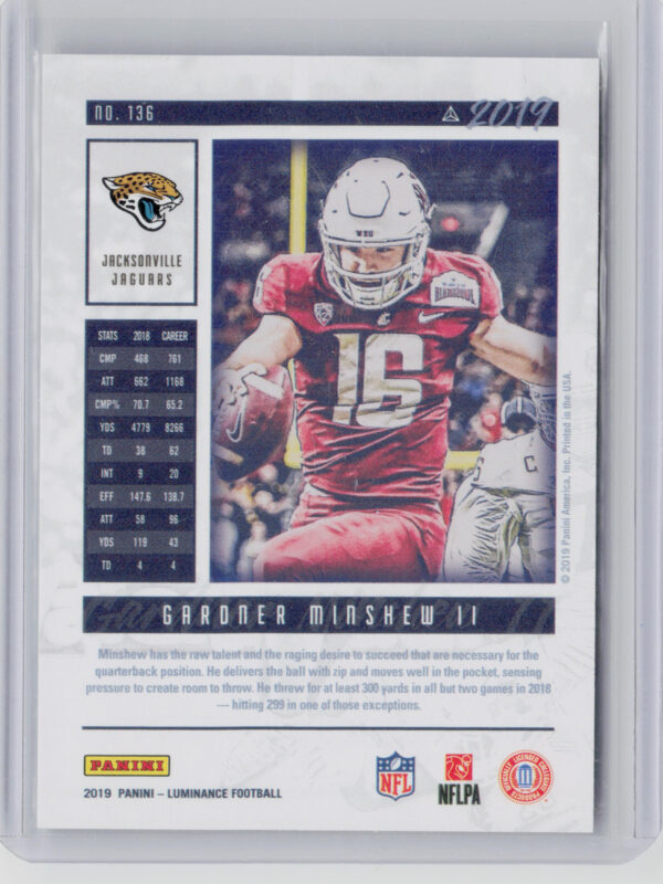 2019 Panini Luminance Gardner Minshew II Blue SN99 #136 Jaguars - Image 3