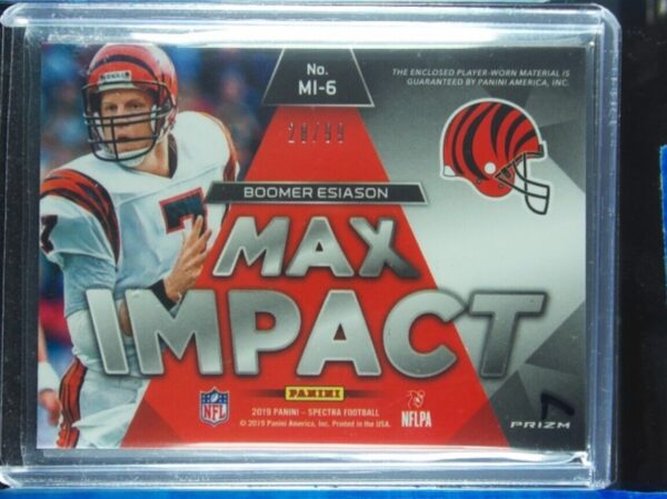 2019 Panini Spectra Boomer Esiason SN99 MEM #MI-6 Bengals Max Impact Neon Blue - Image 3