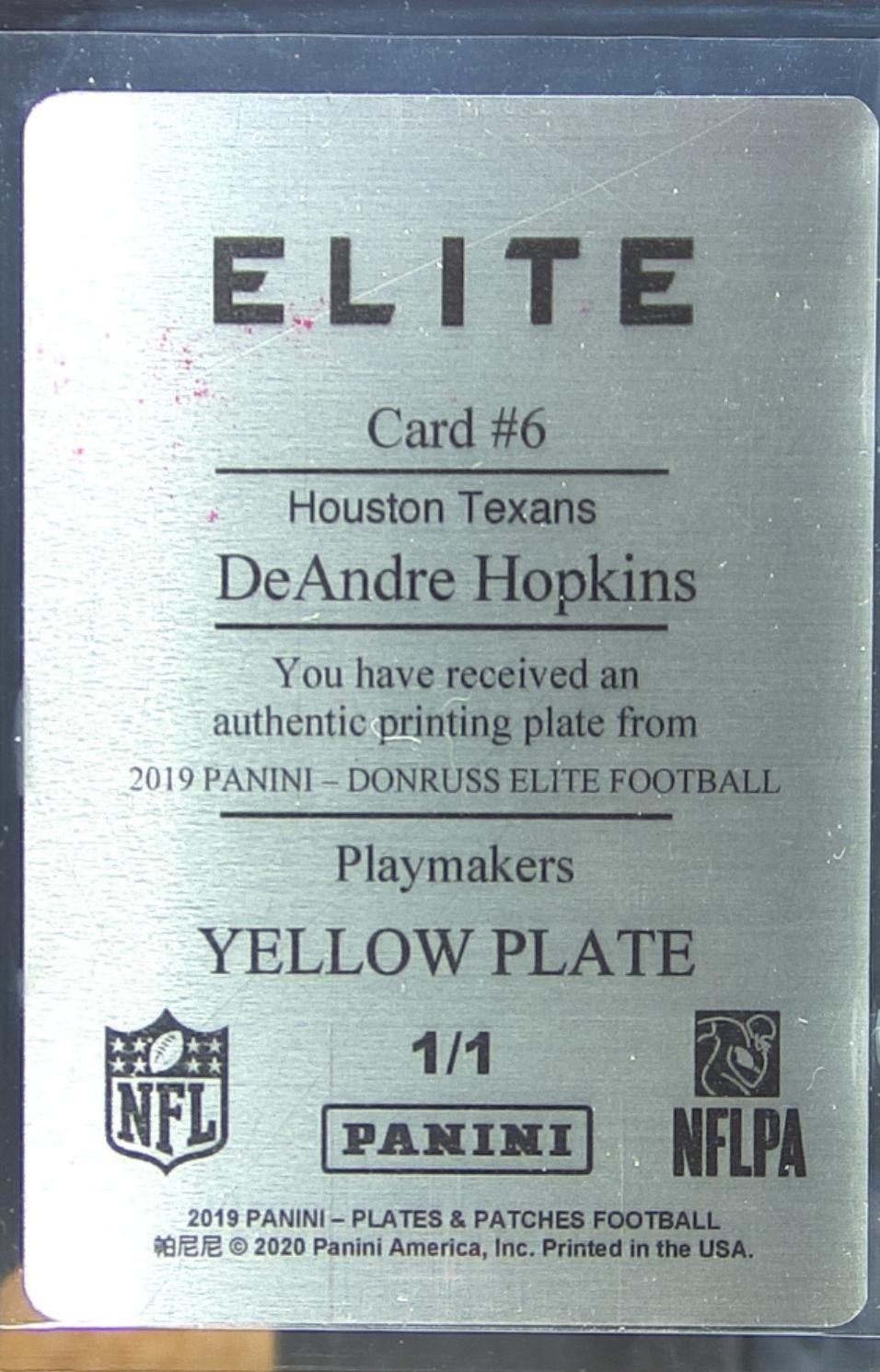2019 Plates & Patches DeAndre Hopkins 1/1 #6 Texans 2019 Donruss Elite Playmaker - Image 3