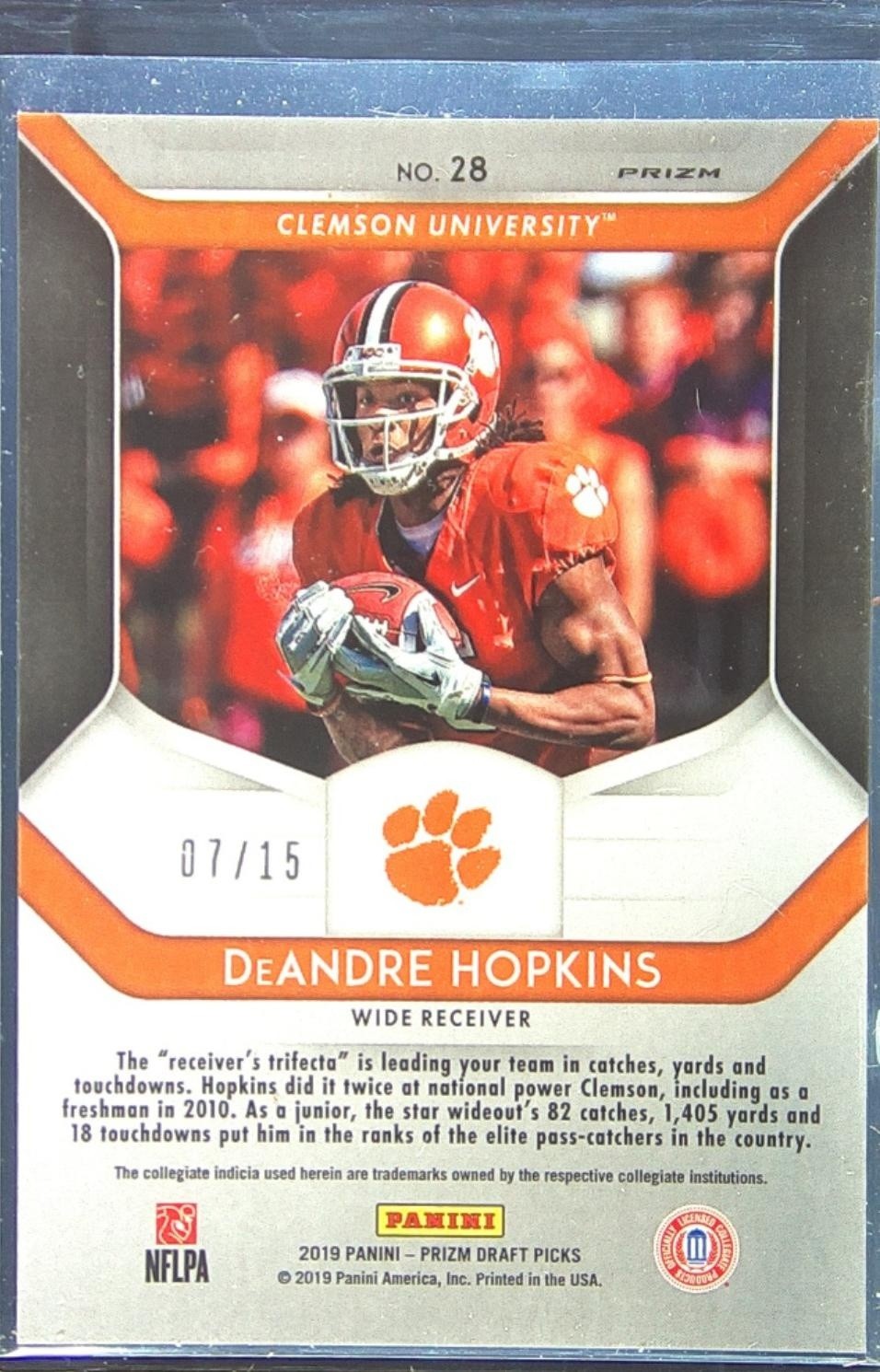 2019 Prizm Draft Picks DeAndre Hopkins Prizms White Sparkle /15 #28 Tigers - Image 3