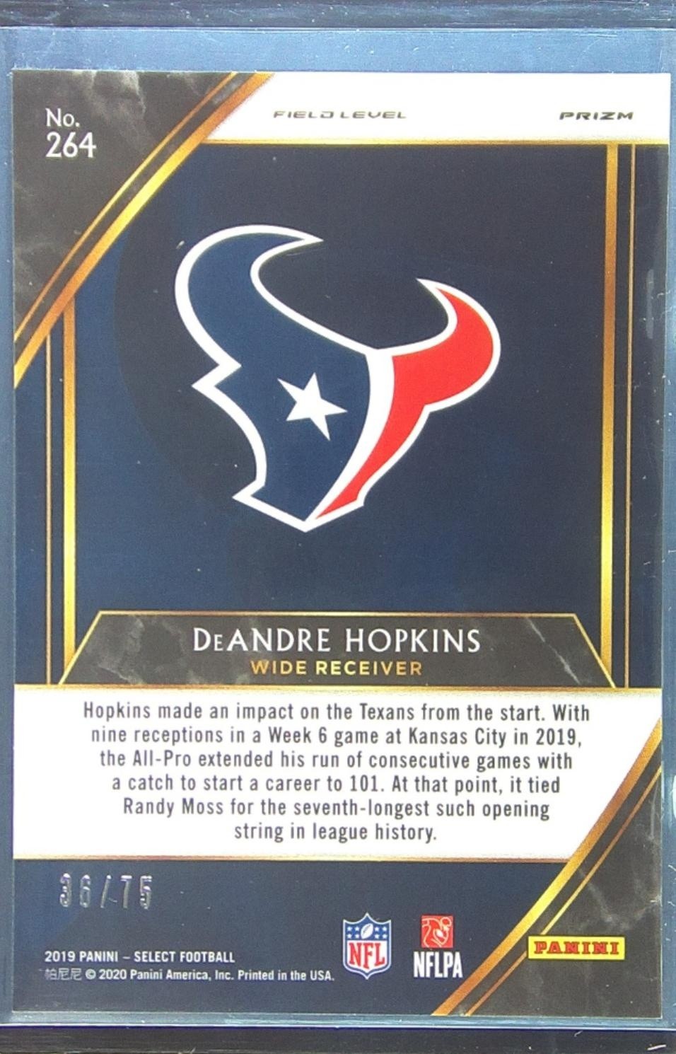 2019 Select DeAndre Hopkins Blue Prizm /75 #264 Texans - Image 3