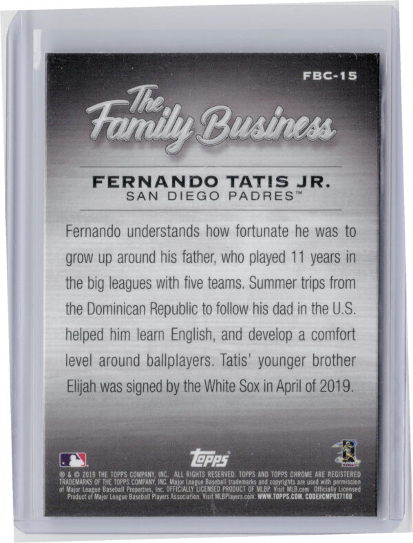 2019 Topps Chrome Update Fernando Tatis Jr. #FBC-15 Padres The Family Business - Image 3