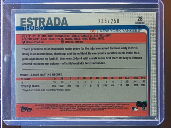 2019 Topps Chrome Update Thairo Estrada Refractor SN250 #28 Yankees - Image 3