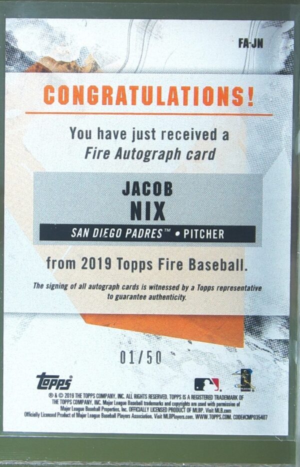 2019 Topps Fire Jacob Nix Auto /50 RC #FA-JN Padres Fire Autographs Purple - Image 3