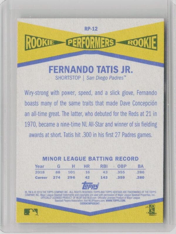2019 Topps Heritage Fernando Tatis Jr. #RP-12 Padres Rookie Performers - Image 3