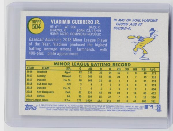 2019 Topps Heritage Vladimir Guerrero Jr. RC #504 Jays - Image 3
