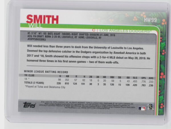 2019 Topps Holiday Will Smith RC #HW99 Dodgers - Image 3