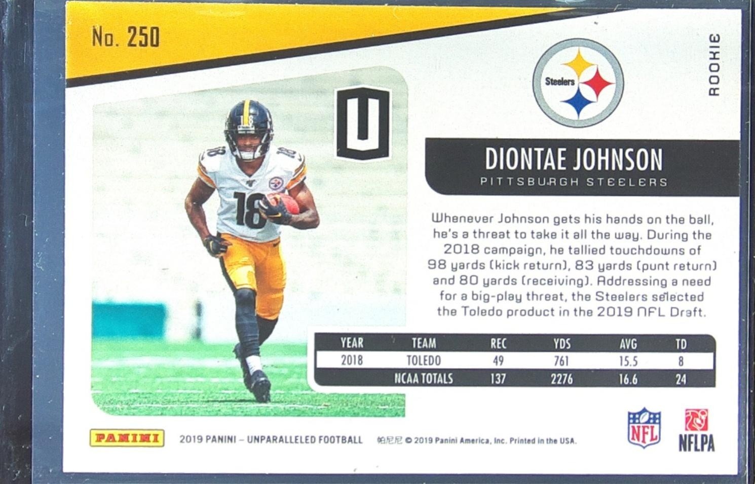 2019 Unparalleled Diontae Johnson RC #250 Steelers - Image 3