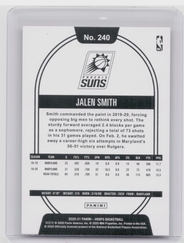 2020-21 Hoops Jalen Smith Rookie RC #240 Suns - Image 3