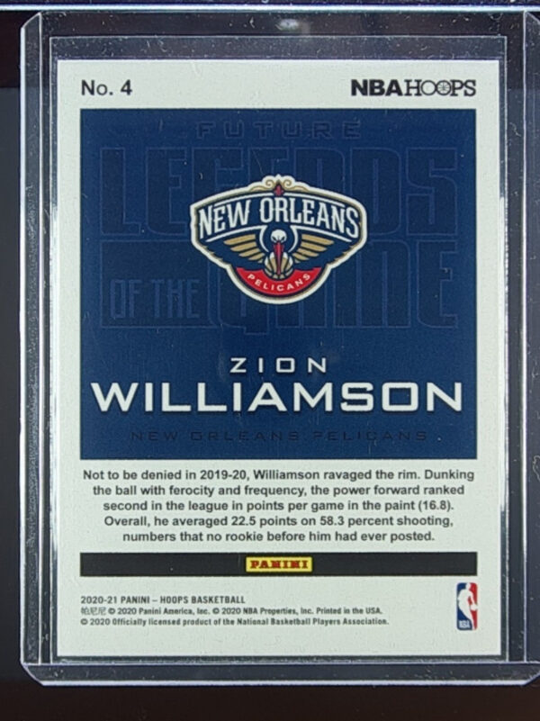 2020-21 Hoops Zion Williamson SN999 #4 Pelicans Future Legends of the Game - Image 3