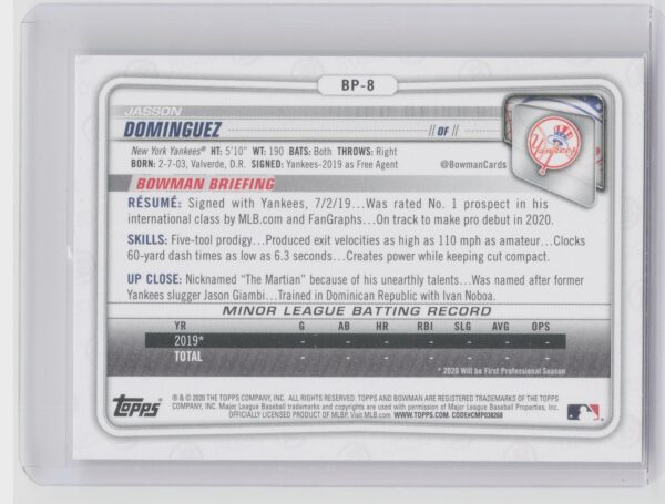 2020 Bowman 1st Edition Jasson Domínguez #BFE-8 Yankees - Image 3