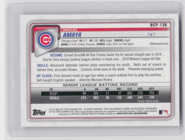2020 Bowman Miguel Amaya #BCP-136 Cubs Chrome Prospects Mojo Refractor - Image 3