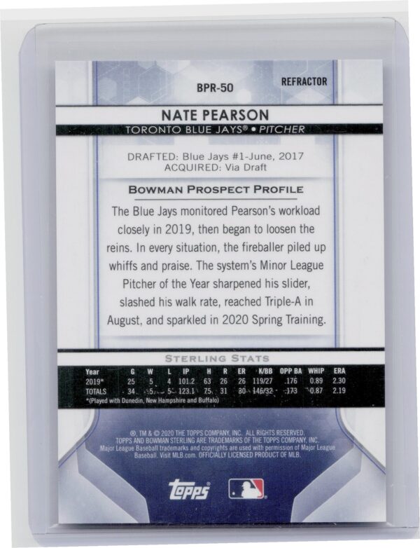 2020 Bowman Sterling Nate Pearson Refractors /199 #BPR-50 Jays - Image 3