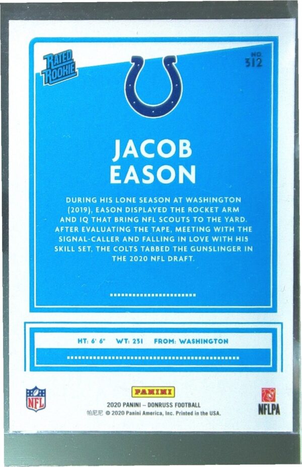 2020 Donruss Jacob Eason RC #312 Colts - Image 3
