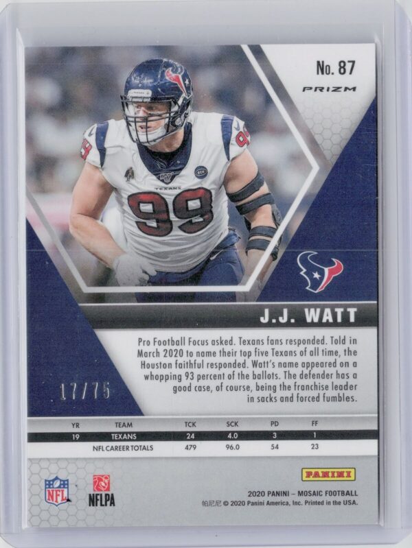 2020 Panini Mosaic J.J. Watt No Huddle Prizm Blue SN75 #87 Texans - Image 3