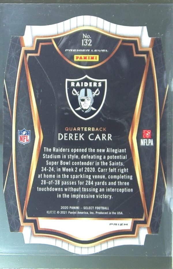 2020 Select Derek Carr Blue Prizm Die Cut #132 Raiders - Image 3