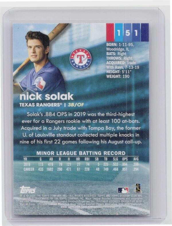 2020 Stadium Club Nick Solak Rookie #151 Rangers - Image 3
