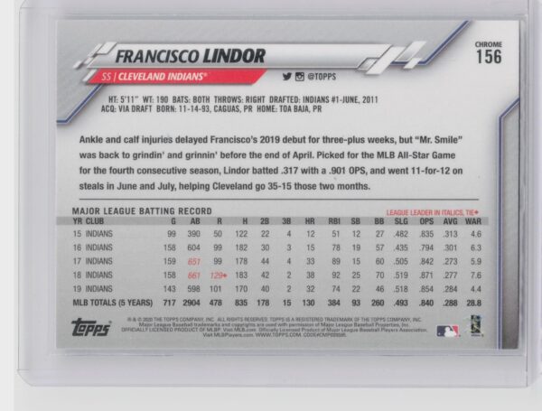 2020 Topps Chrome Francisco Lindor #156 Indians - Image 3