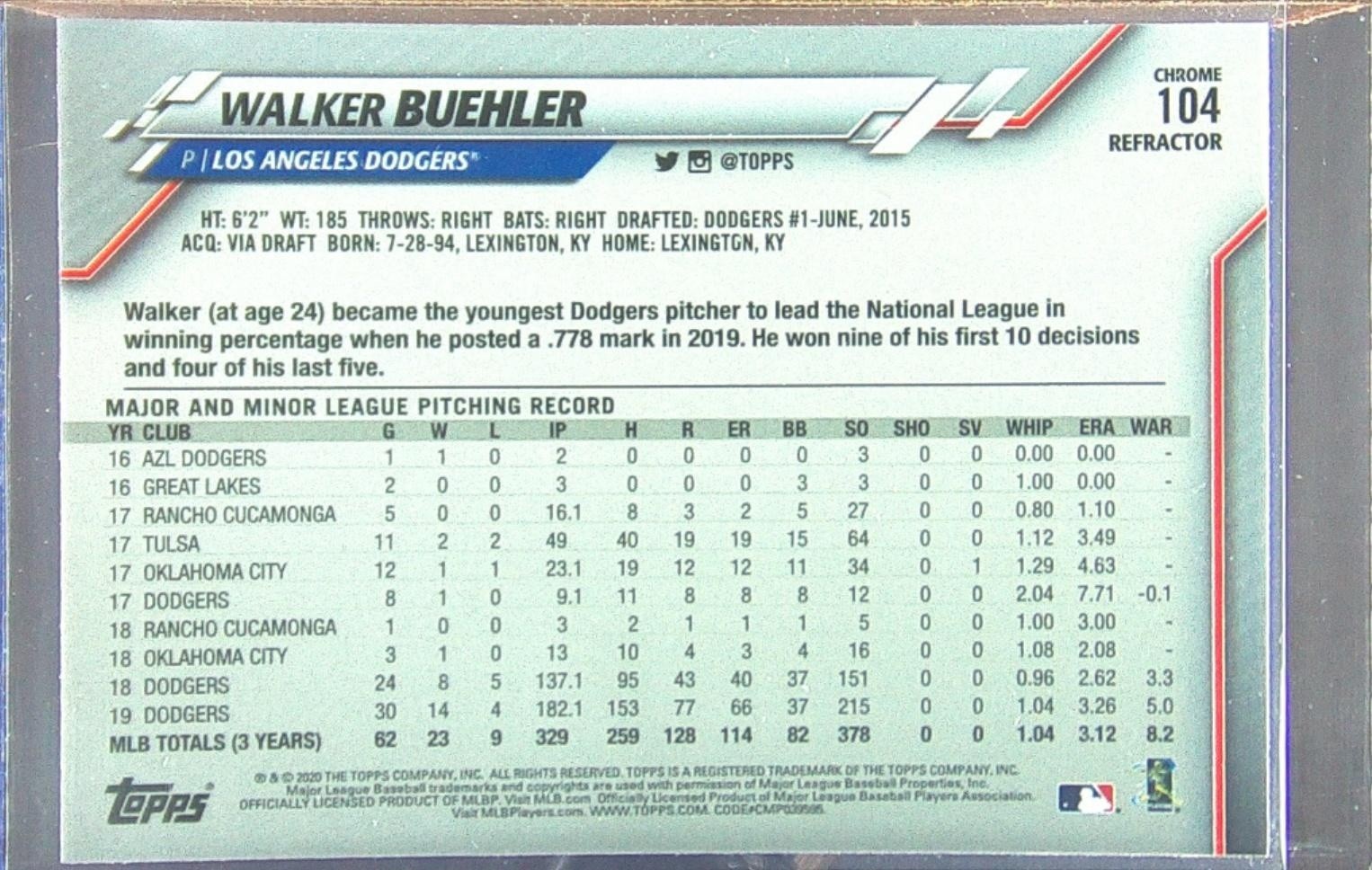 2020 Topps Chrome Walker Buehler Pink Refractor #104 Dodgers - Image 3
