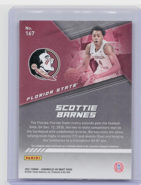 2021-22 Panini Chronicles Draft Picks Scottie Barnes #167 Seminoles - Image 3