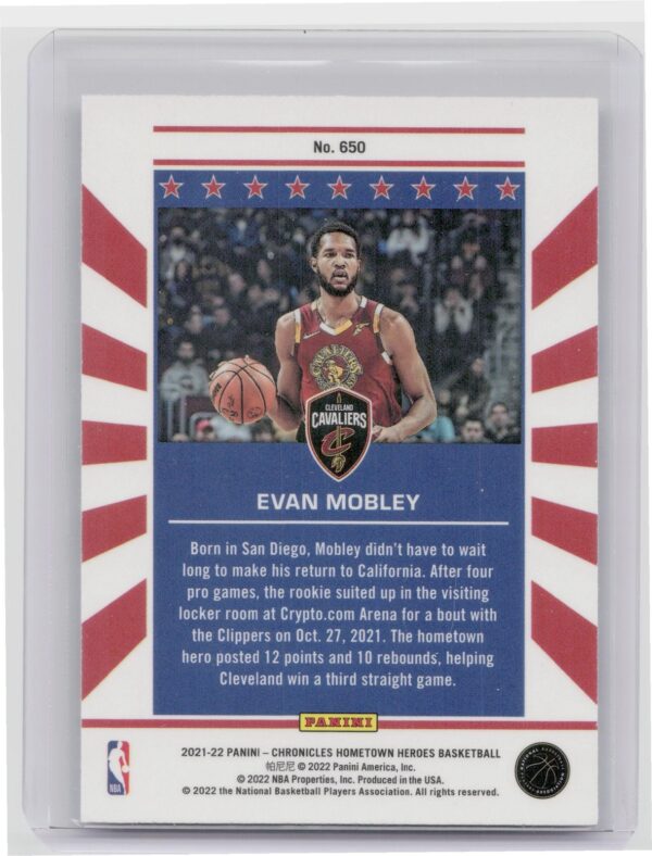 2021-22 Panini Chronicles Hometown Heros  Evan Mobley RC #650 Cavaliers - Image 3
