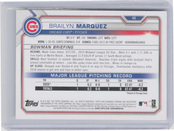 2021 Bowman Brailyn Marquez RC #43 Cubs - Image 3