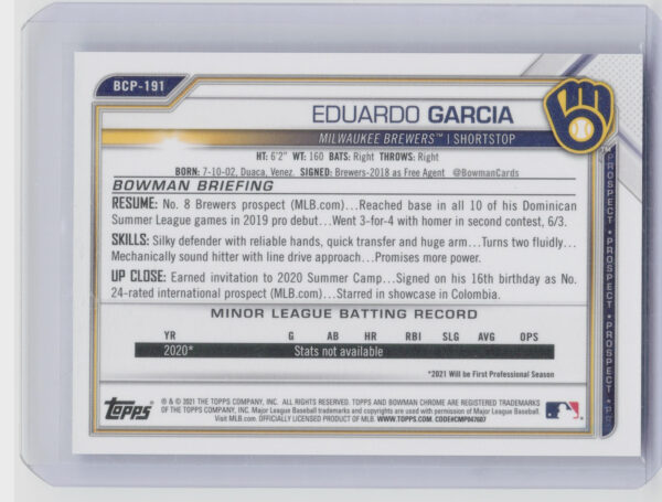 2021 Bowman Chrome Eduardo Garcia SN150 #BCP-191 Brewers Prospects Blue Refracto - Image 3