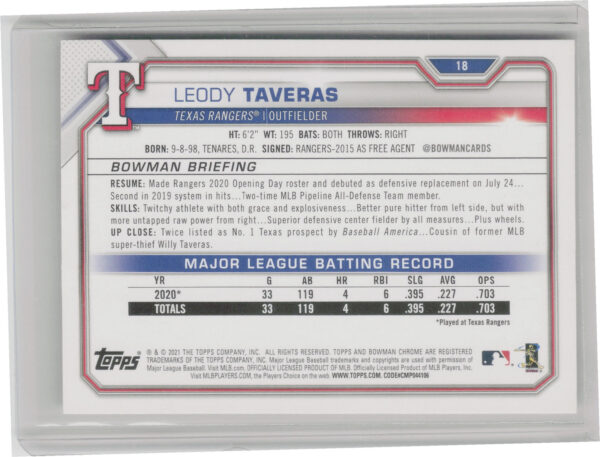 2021 Bowman Leody Taveras RC #18 Rangers - Image 3