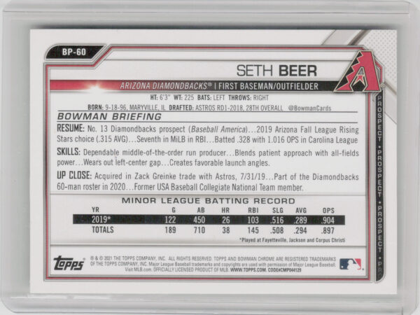 2021 Bowman Seth Beer #BP-60 Diamondbacks Prospects - Image 3
