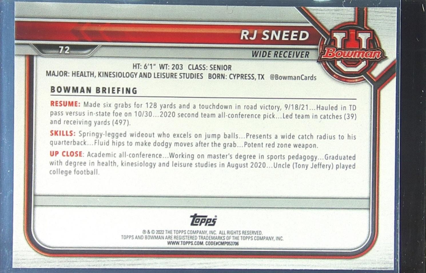 2021 Bowman University R.J. Sneed #72 Bears First Bowman - Image 3