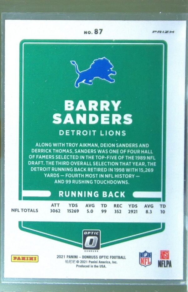 2021 Donruss Optic Barry Sanders Holo #87 Lions - Image 3