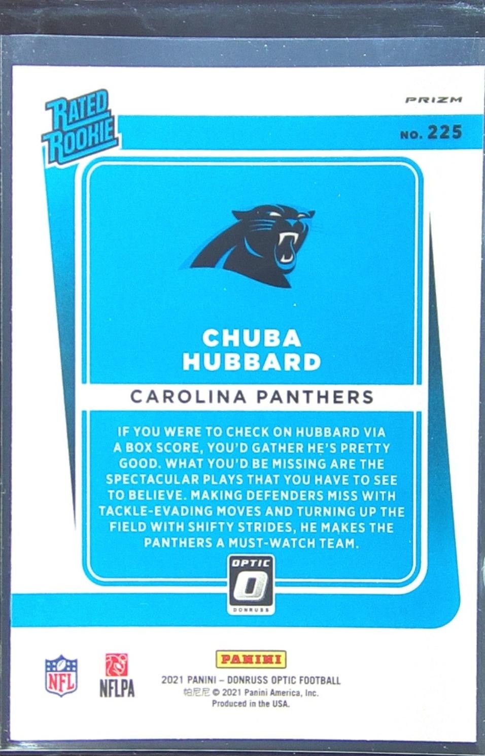 2021 Donruss Optic Chuba Hubbard Teal Velocity RC #225 Panthers - Image 3