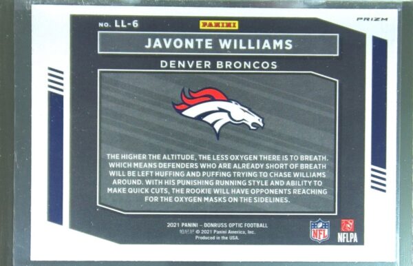 2021 Donruss Optic Javonte Williams #LL-6 Broncos Legendary Logos - Image 3