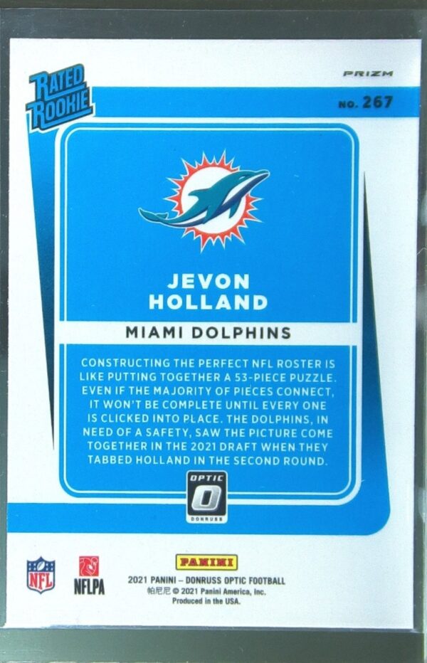 2021 Donruss Optic Jevon Holland Blue Hyper RC #267 Dolphins - Image 3