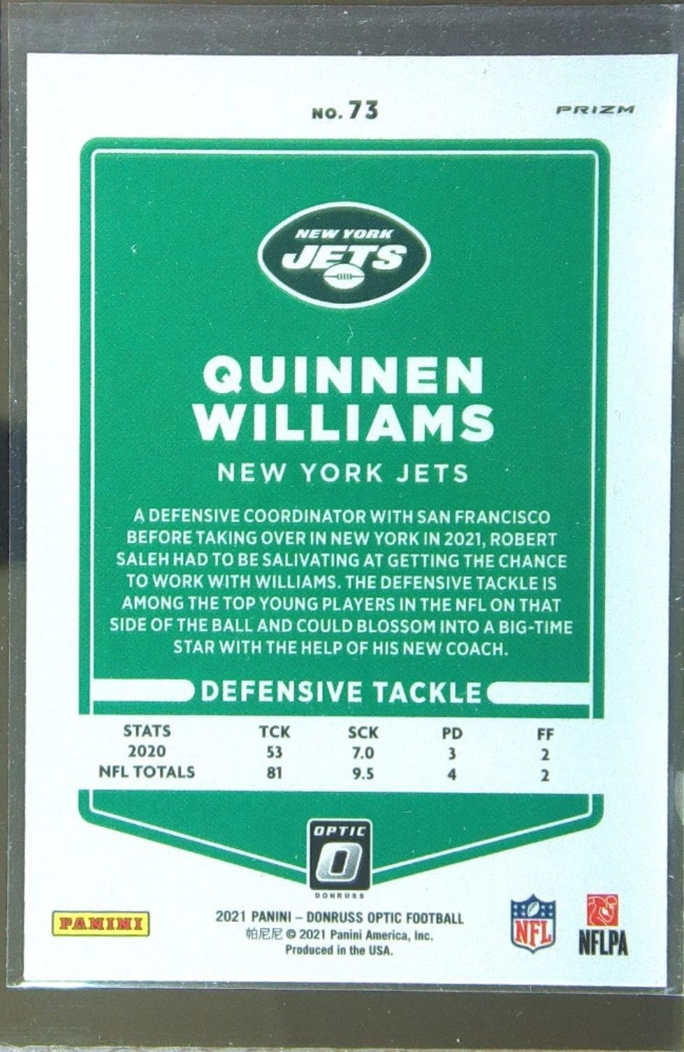 2021 Donruss Optic Quinnen Williams Stars #73 Jets - Image 3