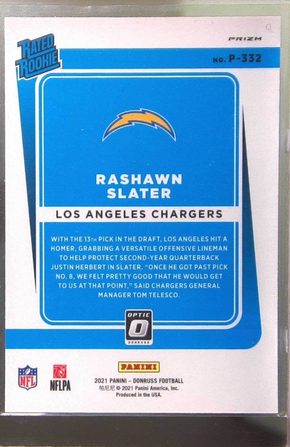 2021 Donruss Rashawn Slater Optic Rated Rookie Preview Green RC #P-332 Chargers - Image 3