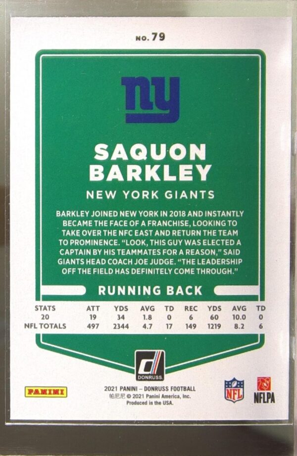 2021 Donruss Saquon Barkley Press Proof Yellow VAR (No Helmet) #79 Giants - Image 3