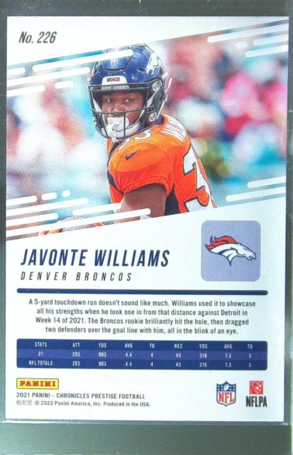 2021 Panini Chronicles Javonte Williams RC #226 Broncos Prestige Rookies Update - Image 3